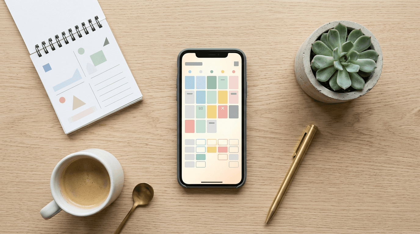A smartphone showing a colorful calendar booking app on a desk, representing AI appointment scheduling for a small business