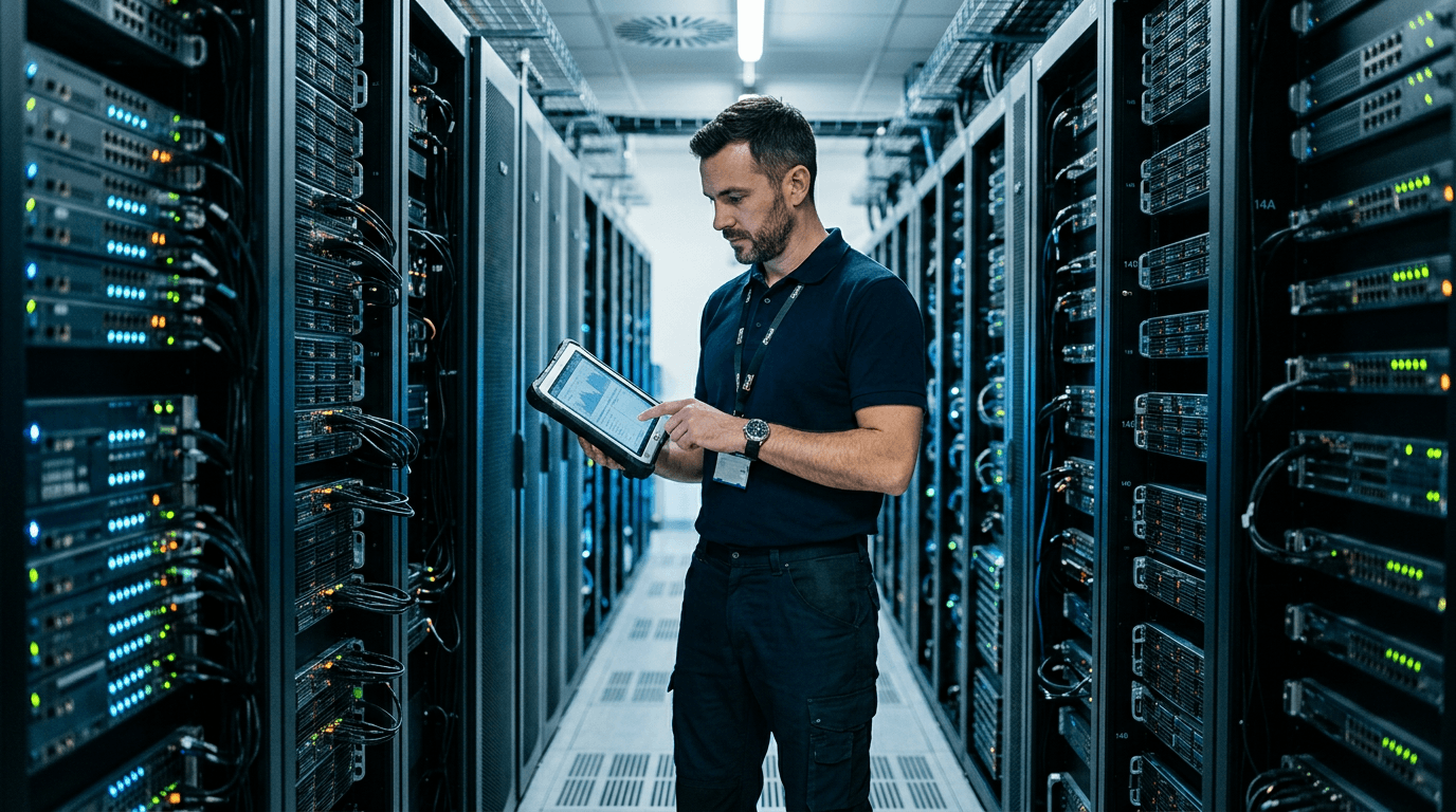 An IT technician checks a server rack on a tablet in a data center, illustrating proactive managed IT support versus reactive break/fix service for small businesses.