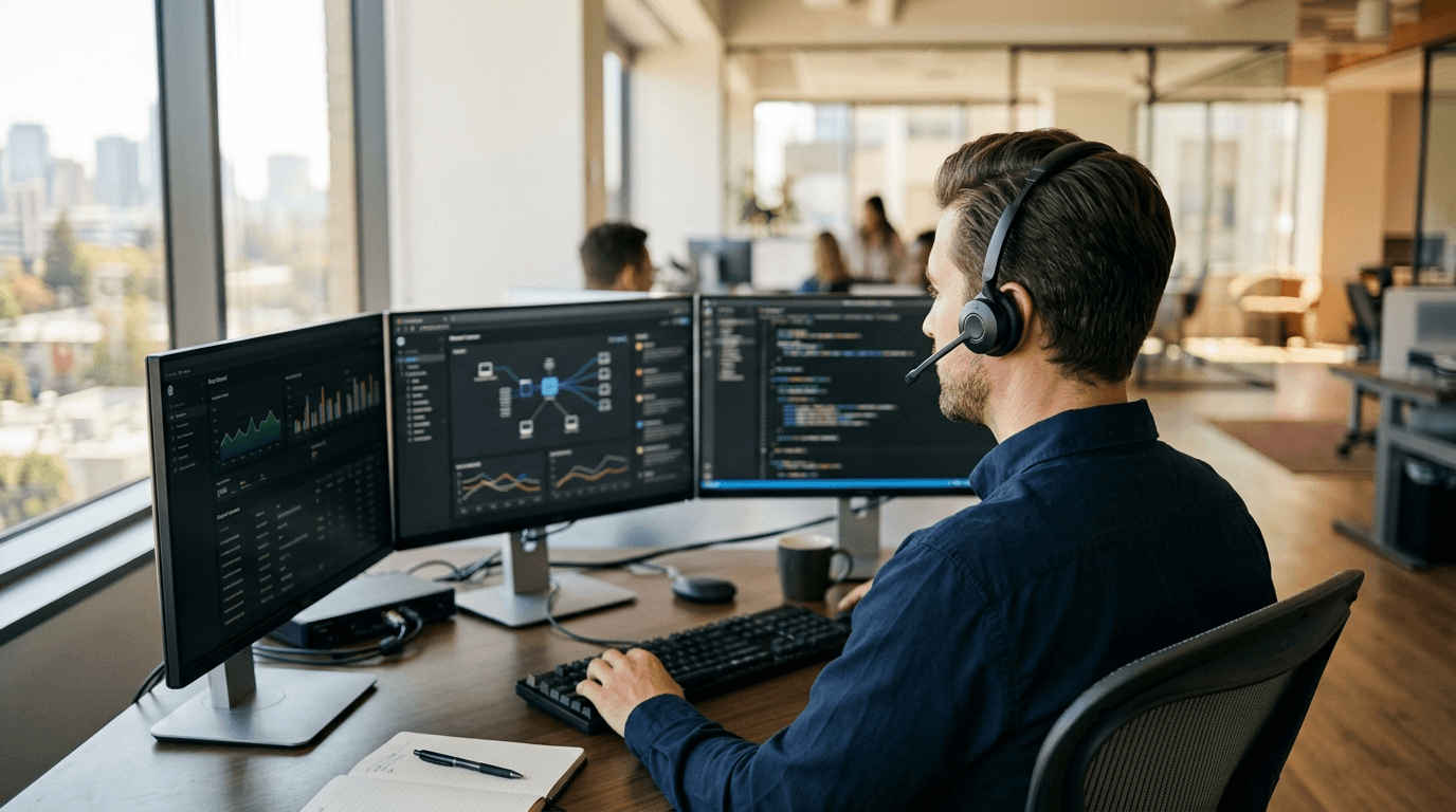 A male IT support technician wearing a headset works at a three-monitor help desk in a bright office, illustrating an outsourced IT help desk for small business.