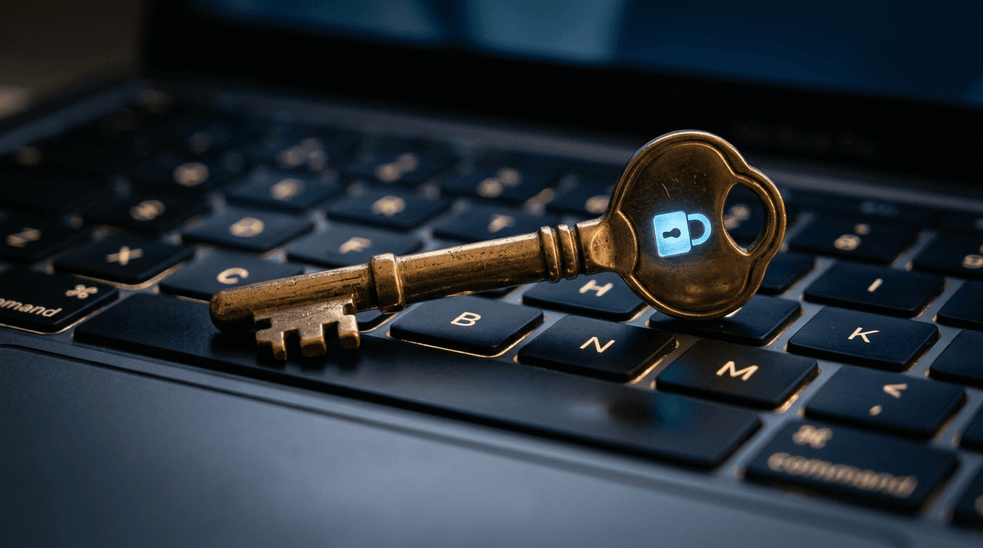 Close-up of a brass key resting on a laptop keyboard with a glowing padlock icon, representing password managers for small business