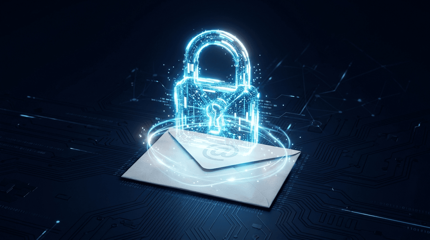 Glowing padlock hovering over an email envelope on a circuit-board background, representing email encryption for small business