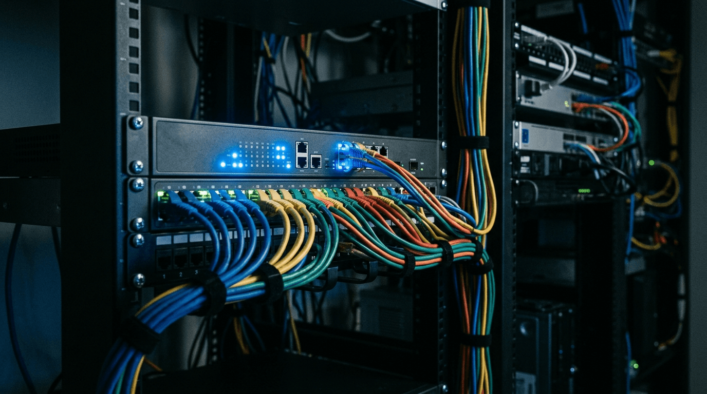 A rack-mounted business firewall and network switch with glowing status lights and neatly organized ethernet cables in a small business server closet