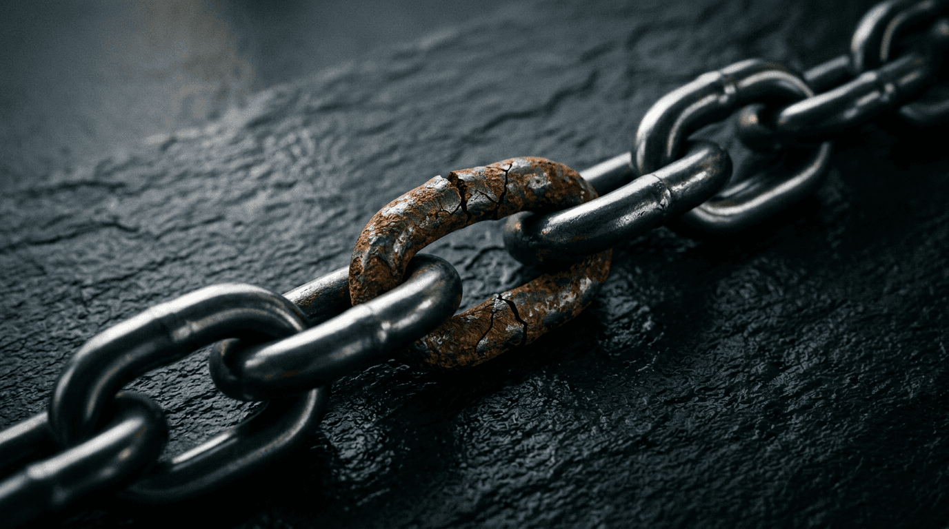 A steel chain on a dark slate surface with one rusted, cracked link among strong polished links, symbolizing third-party vendor risk in a supply chain
