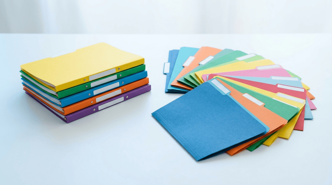 Two sets of colorful labeled file folders on a white surface, one stacked and one fanned out, representing the choice between OneDrive and SharePoint for small business file storage