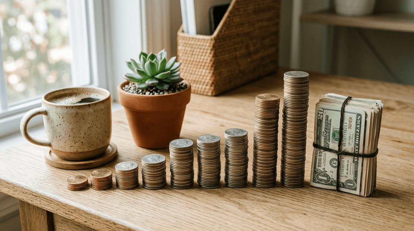 Ascending stacks of coins and a bundle of cash on a wooden desk beside a coffee cup and a small plant, symbolizing improved small-business cash flow from automated accounts receivable