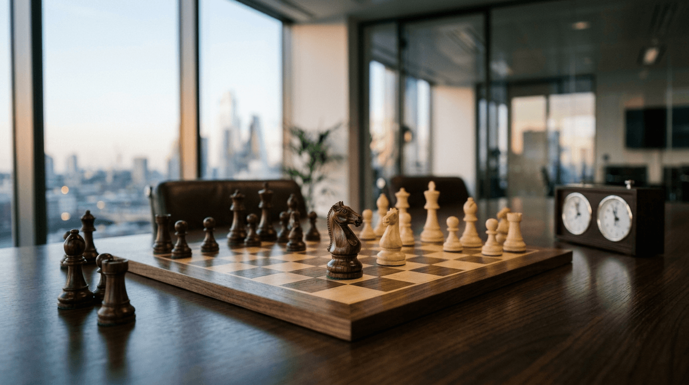 A chess board mid-game on a boardroom table with a city skyline in the background, symbolizing a managed service provider acting as a strategic business partner