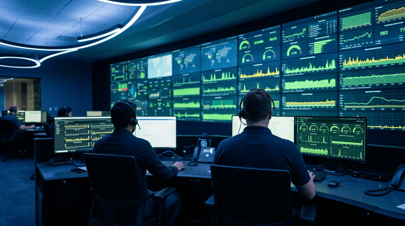 Technicians in a network operations center monitoring green uptime dashboards, illustrating the response and resolution commitments in a managed IT SLA.