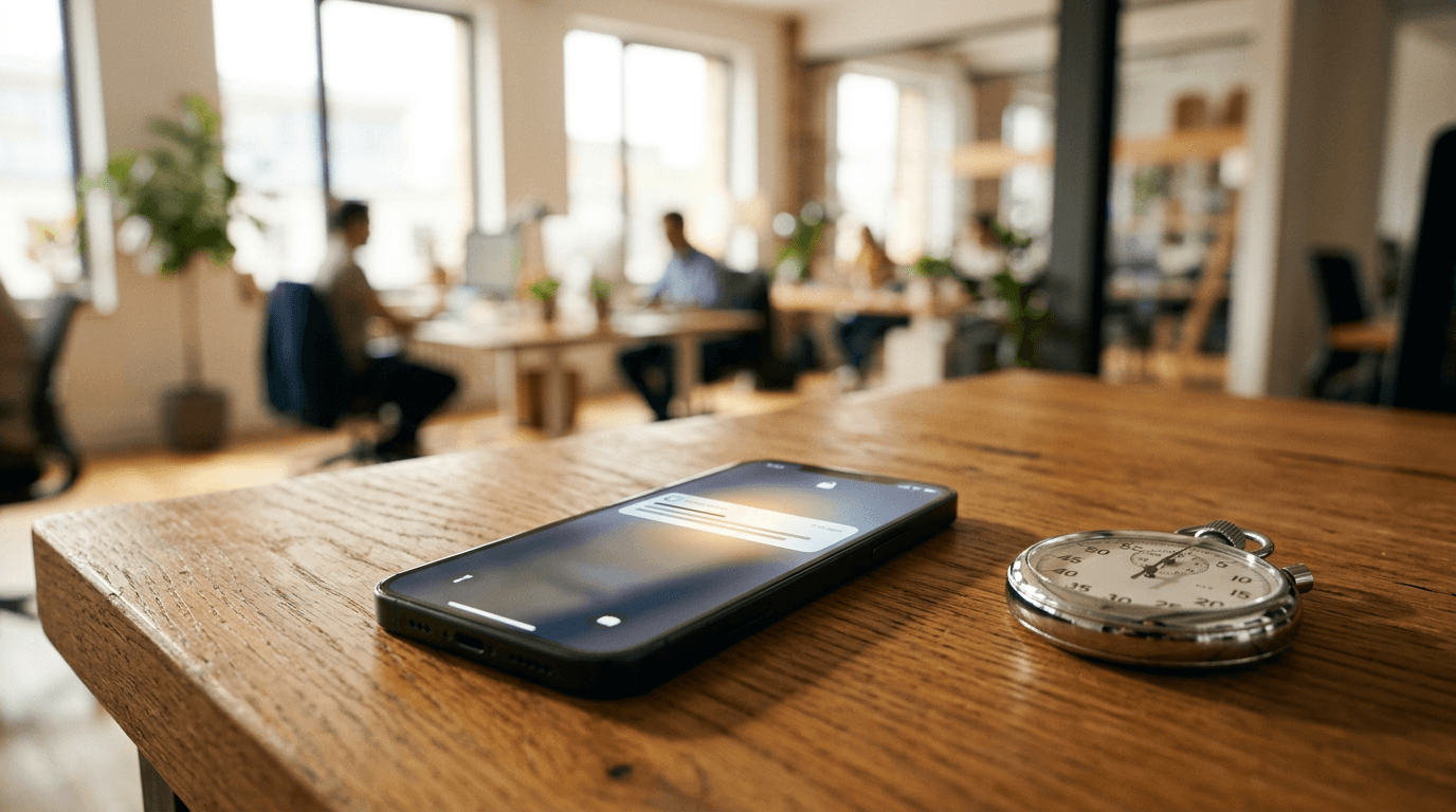 A smartphone on a desk lighting up with a new lead notification next to a stopwatch, showing how AI automation speeds up sales follow-up for small businesses.
