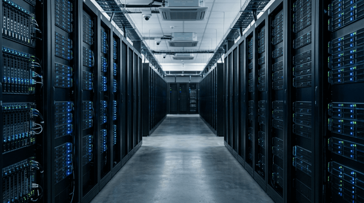 Rows of servers in a data center aisle with blue status lights, illustrating the security controls a SOC 2 report evaluates for small businesses.