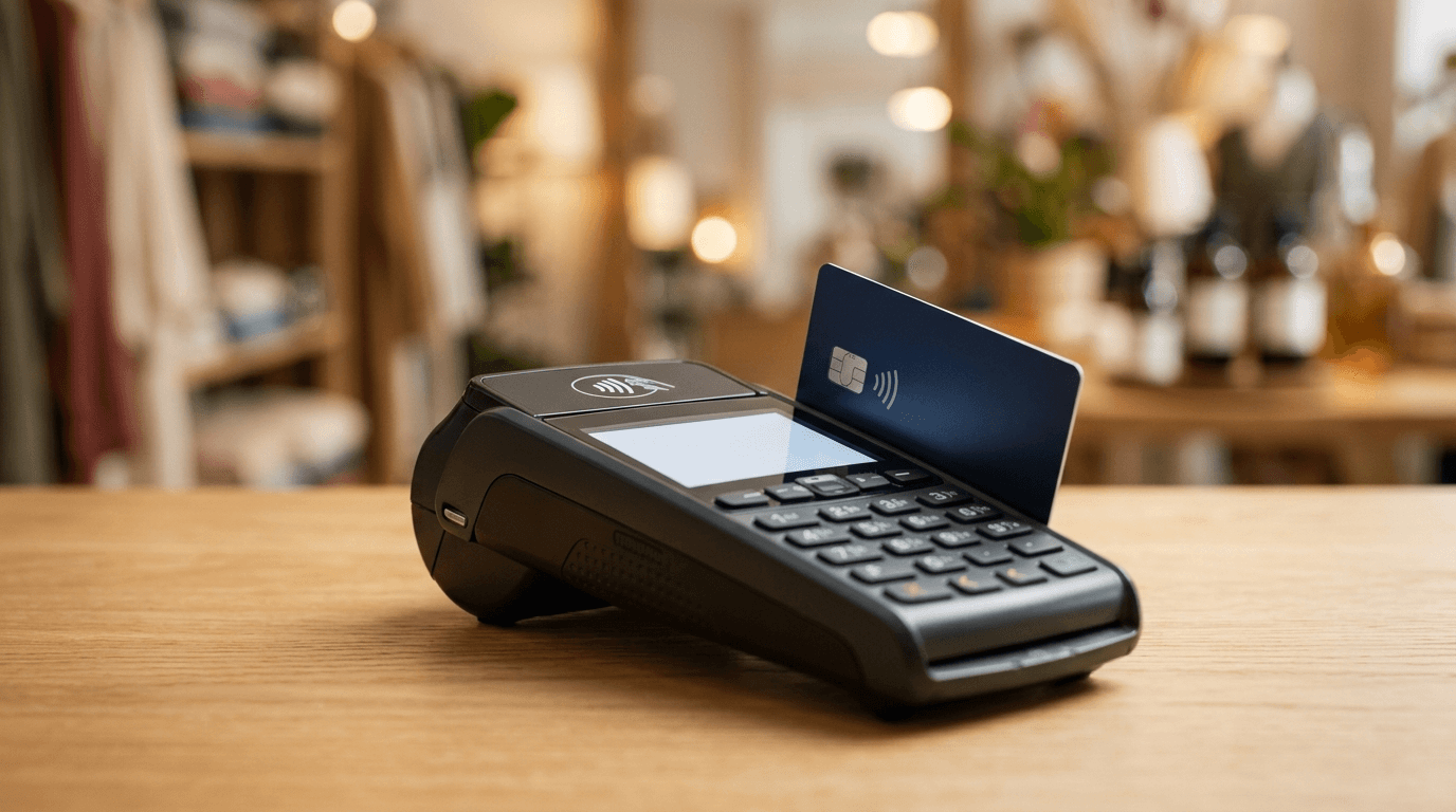 Contactless credit card tapped on a point-of-sale payment terminal at a small retail shop counter