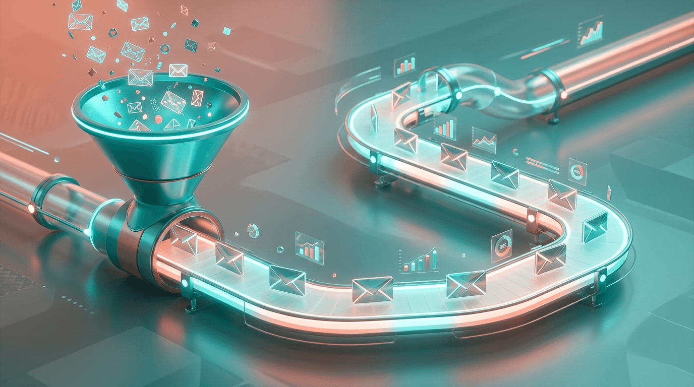 Abstract 3D pipeline carrying email icons and data charts, illustrating automated marketing workflows