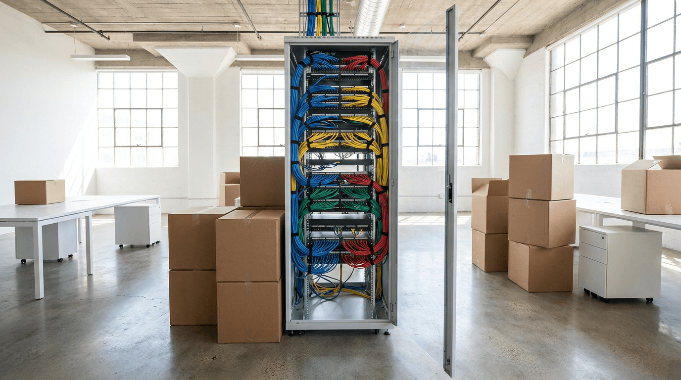 Open network server rack with bundled ethernet cables beside stacked moving boxes in an empty new office