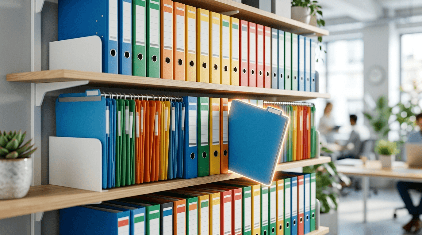 Rows of neatly organized colorful file folders on an office shelf with one folder pulled forward, symbolizing an organized company knowledge base