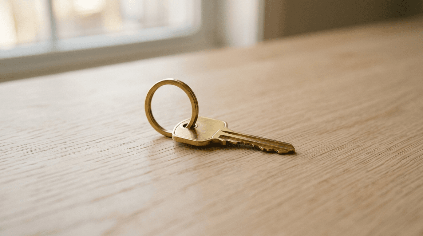 A single brass key on a keyring resting on a clean desk, symbolizing one secure login for many business apps