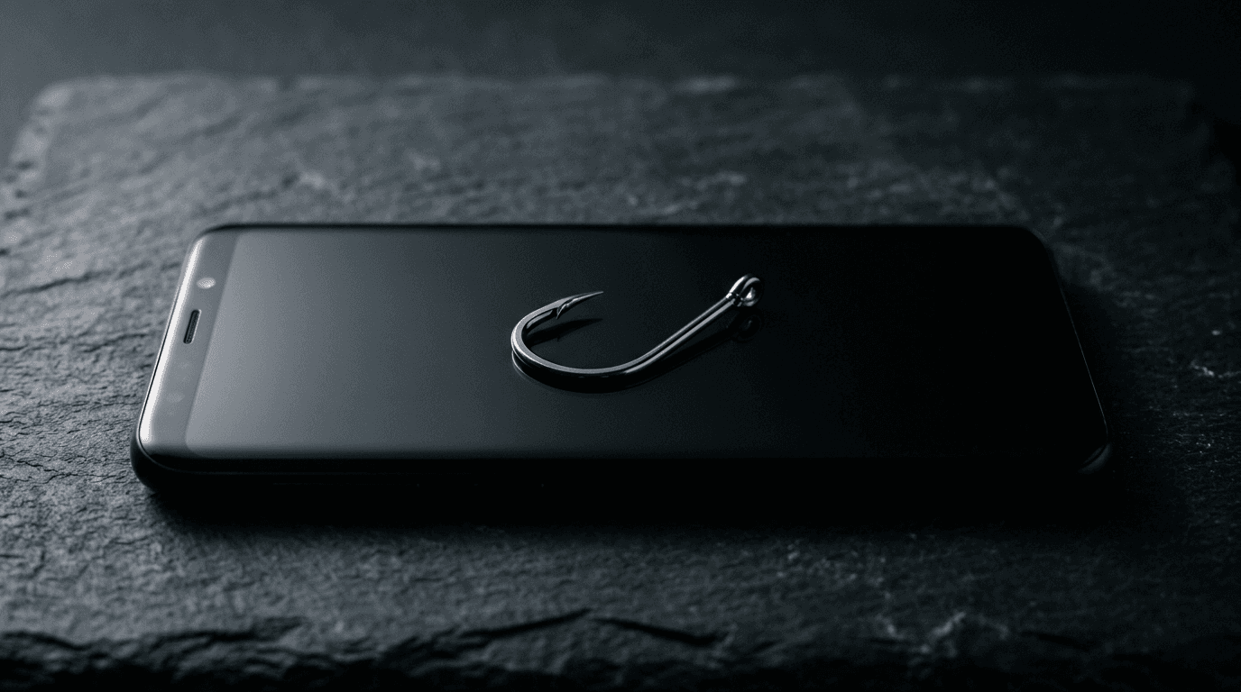 A sharp metal fishing hook resting on a dark smartphone with a blank screen, symbolizing SMS text-message phishing