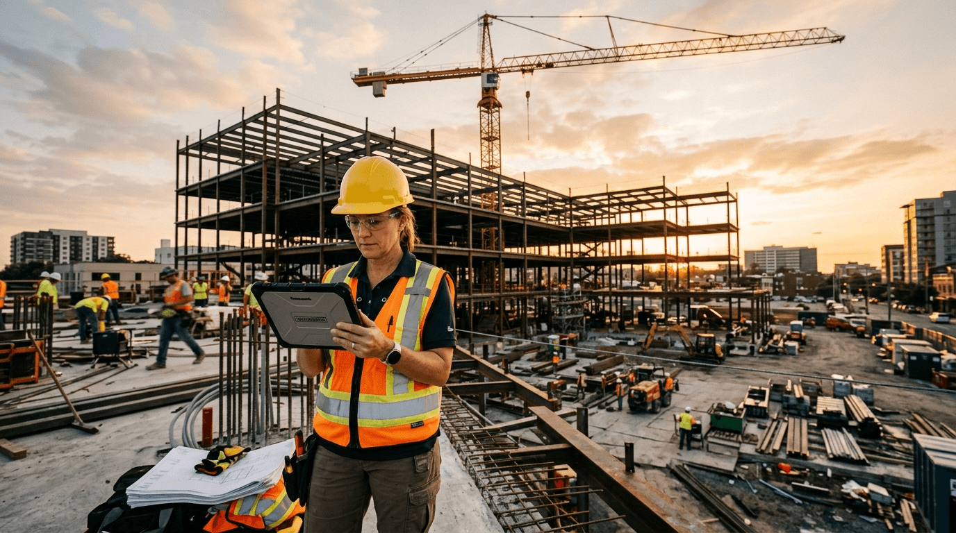 Construction project manager in a hard hat and hi-vis vest using a rugged tablet on an active job site with steel framing and a tower crane at sunset