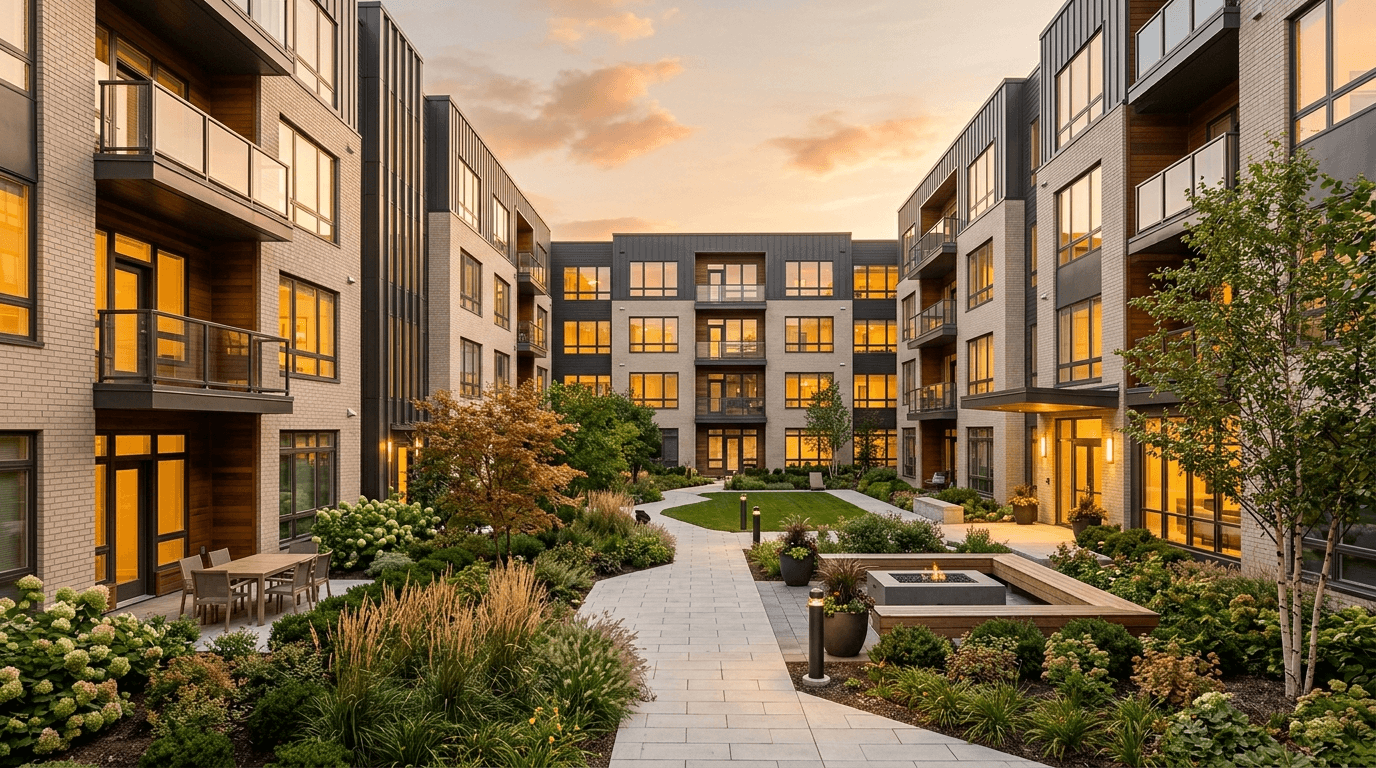 Modern multifamily apartment building courtyard at golden hour with landscaped walkways, a fire pit seating area, and warmly lit windows