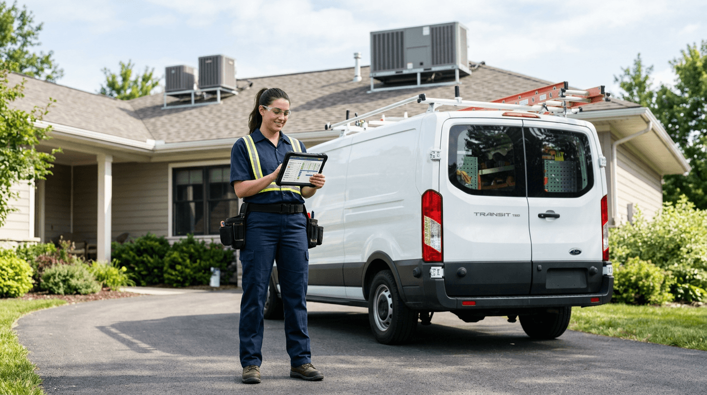 Field service technician holding a tablet showing a job dispatch schedule beside a service van outside a home with rooftop HVAC units