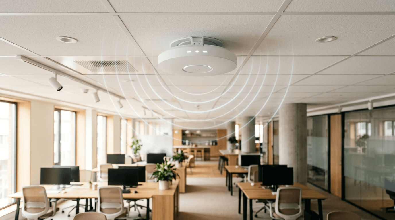 Ceiling-mounted wireless access point broadcasting Wi-Fi signal waves in a modern open-plan office