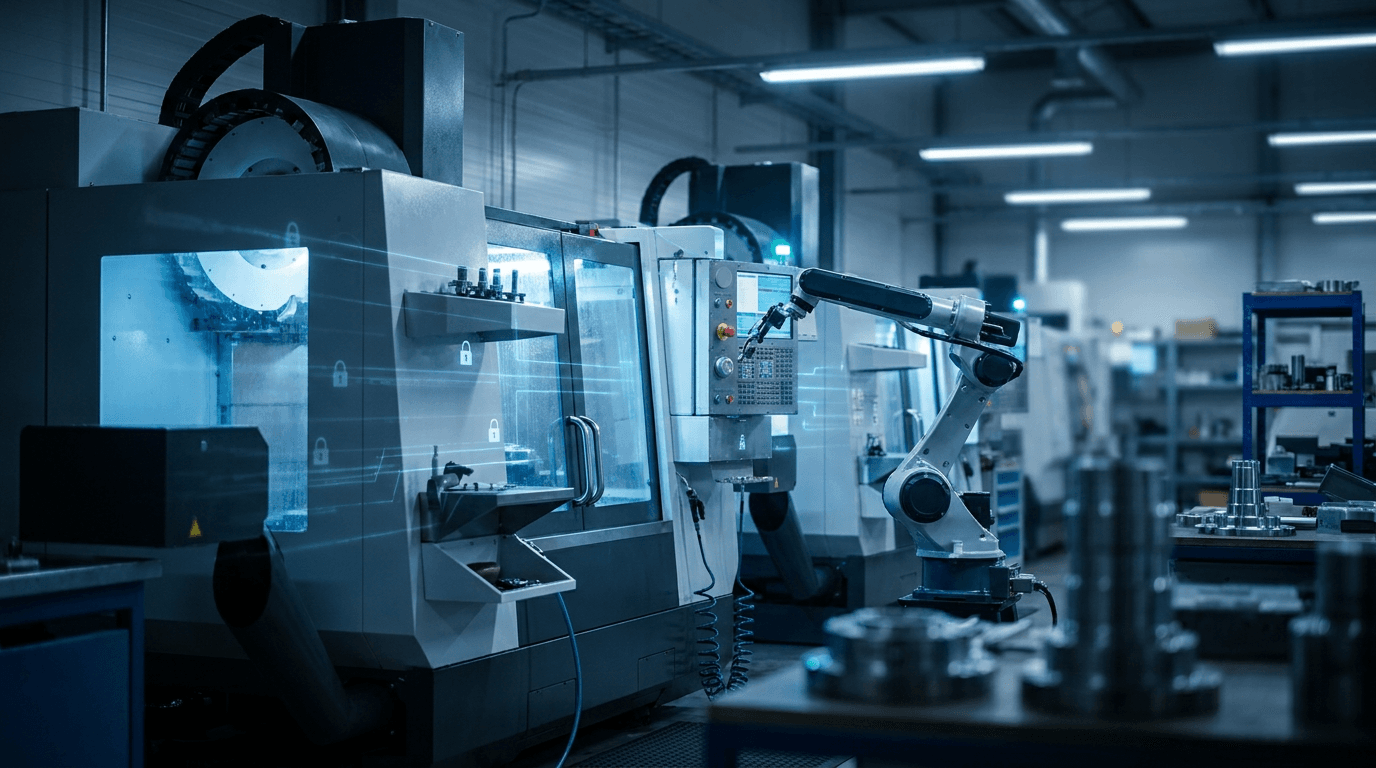 Modern manufacturing shop floor with CNC machines and a robotic arm overlaid with digital security lock icons