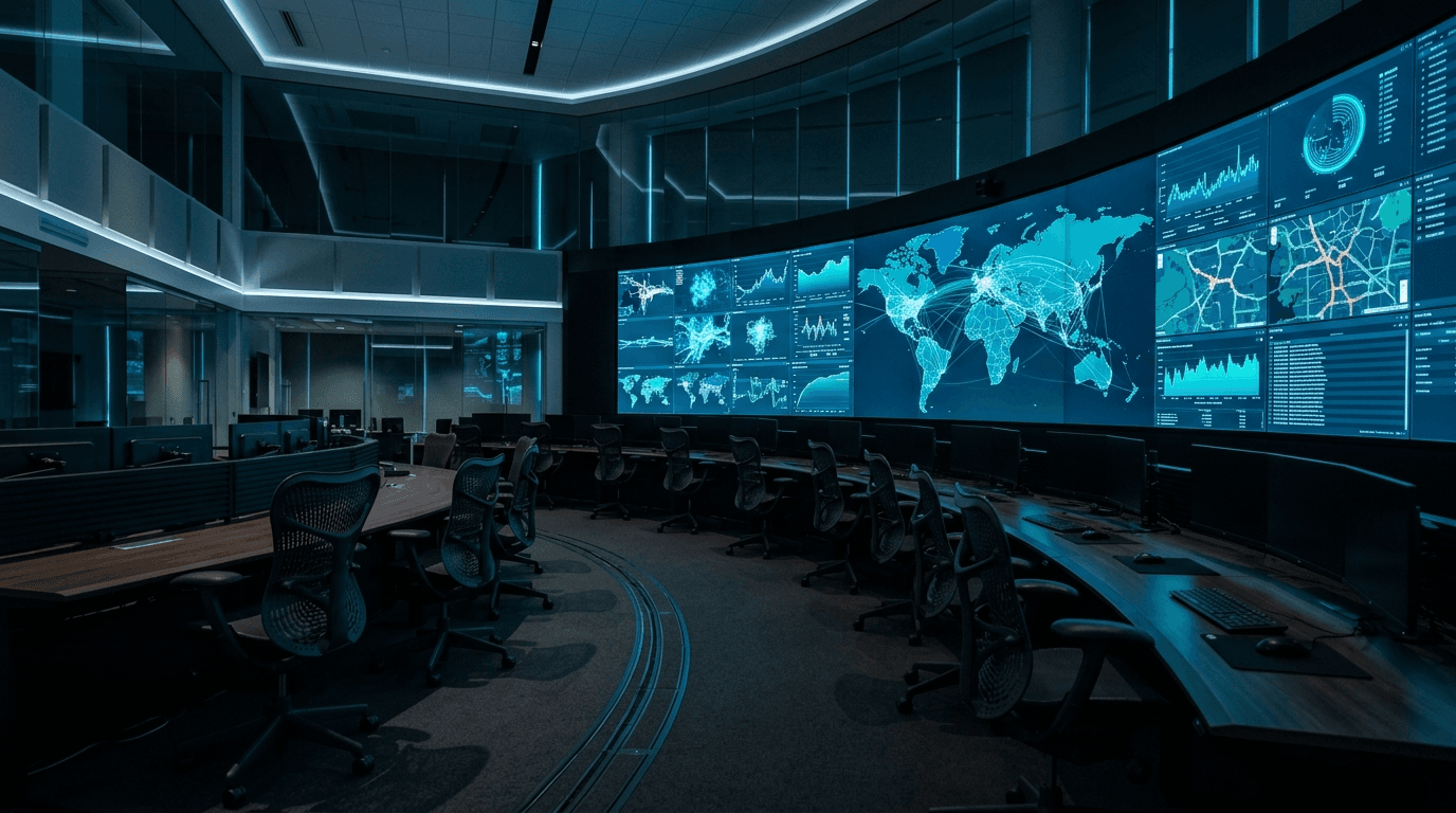 A security operations center at night with a curved wall of monitors showing network graphs and a world map, representing 24/7 SOC-as-a-service monitoring for small business.