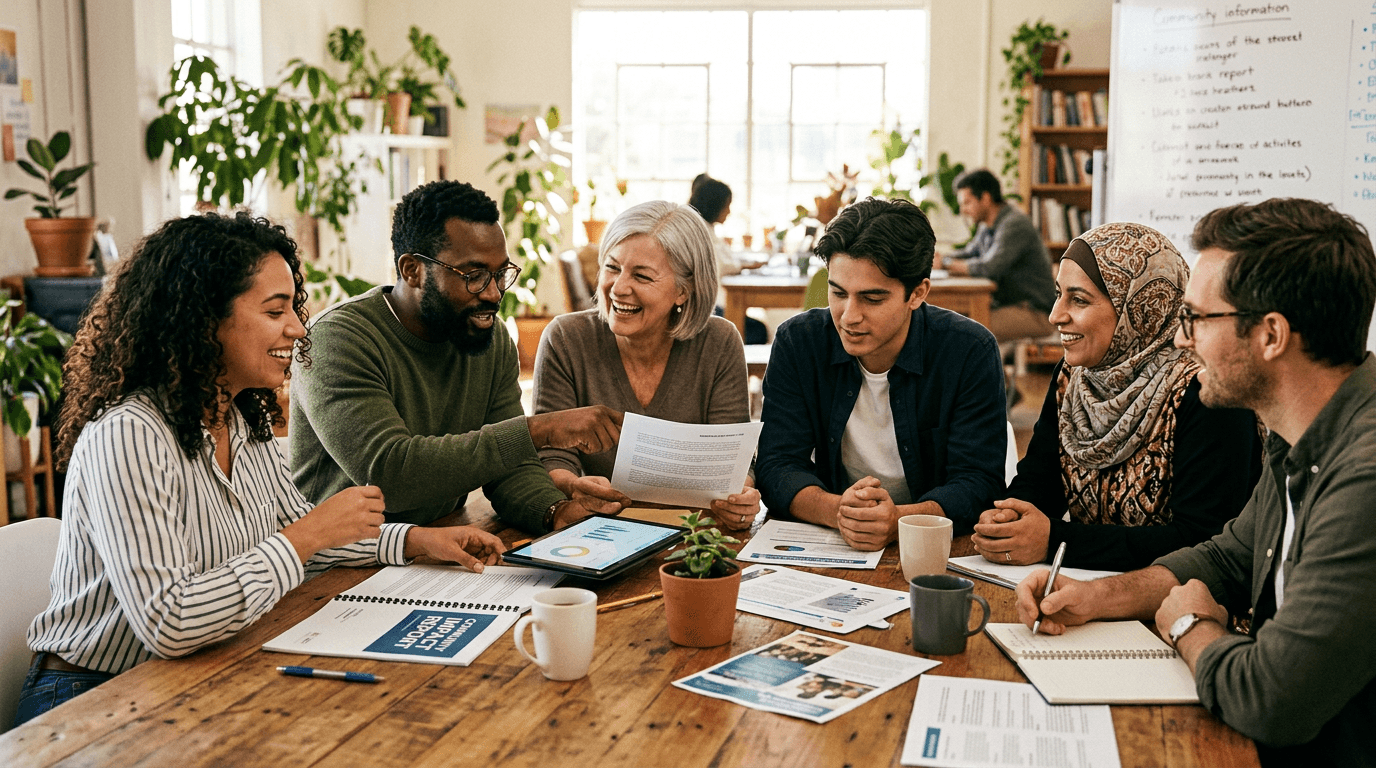 A diverse group of nonprofit staff and volunteers collaborating around a table in a sunlit community office, reviewing reports and a tablet together.