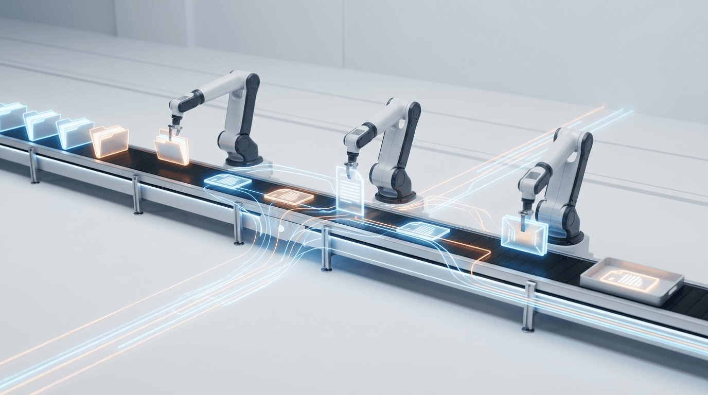 Conceptual render of robotic arms sorting glowing digital documents and folders along a conveyor, representing automated business workflows built with Zapier, Make, or Power Automate.
