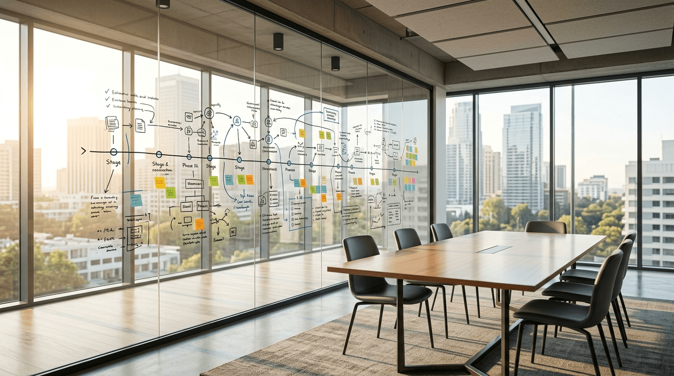 Empty modern conference room with a glass wall showing a multi-year technology strategy roadmap and sticky notes, illustrating virtual CIO (vCIO) IT planning for a small business