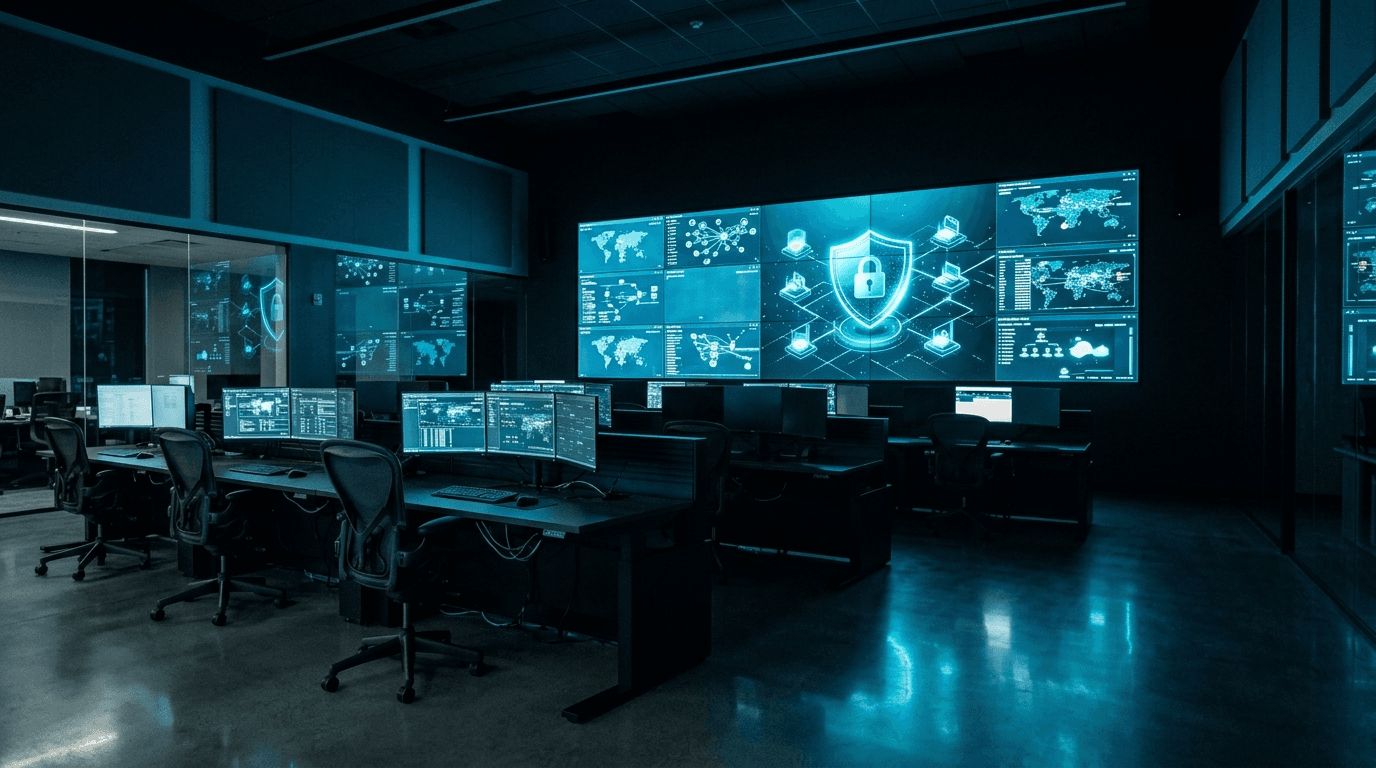 Dark security operations center with blue-lit wall monitors showing network maps and a glowing padlock shield, illustrating the NIST Cybersecurity Framework 2.0 for small business