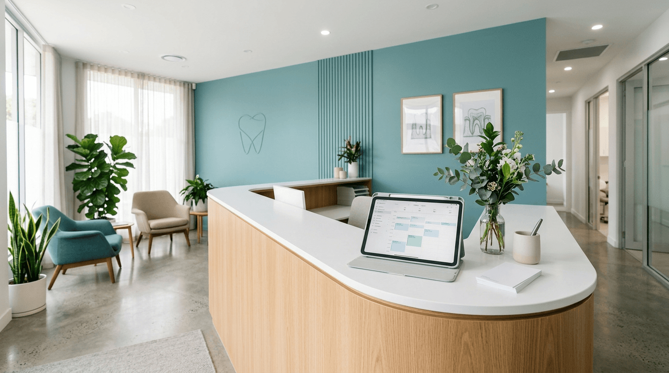 Modern dental practice reception desk with a tablet showing an appointment calendar in a bright, clean lobby