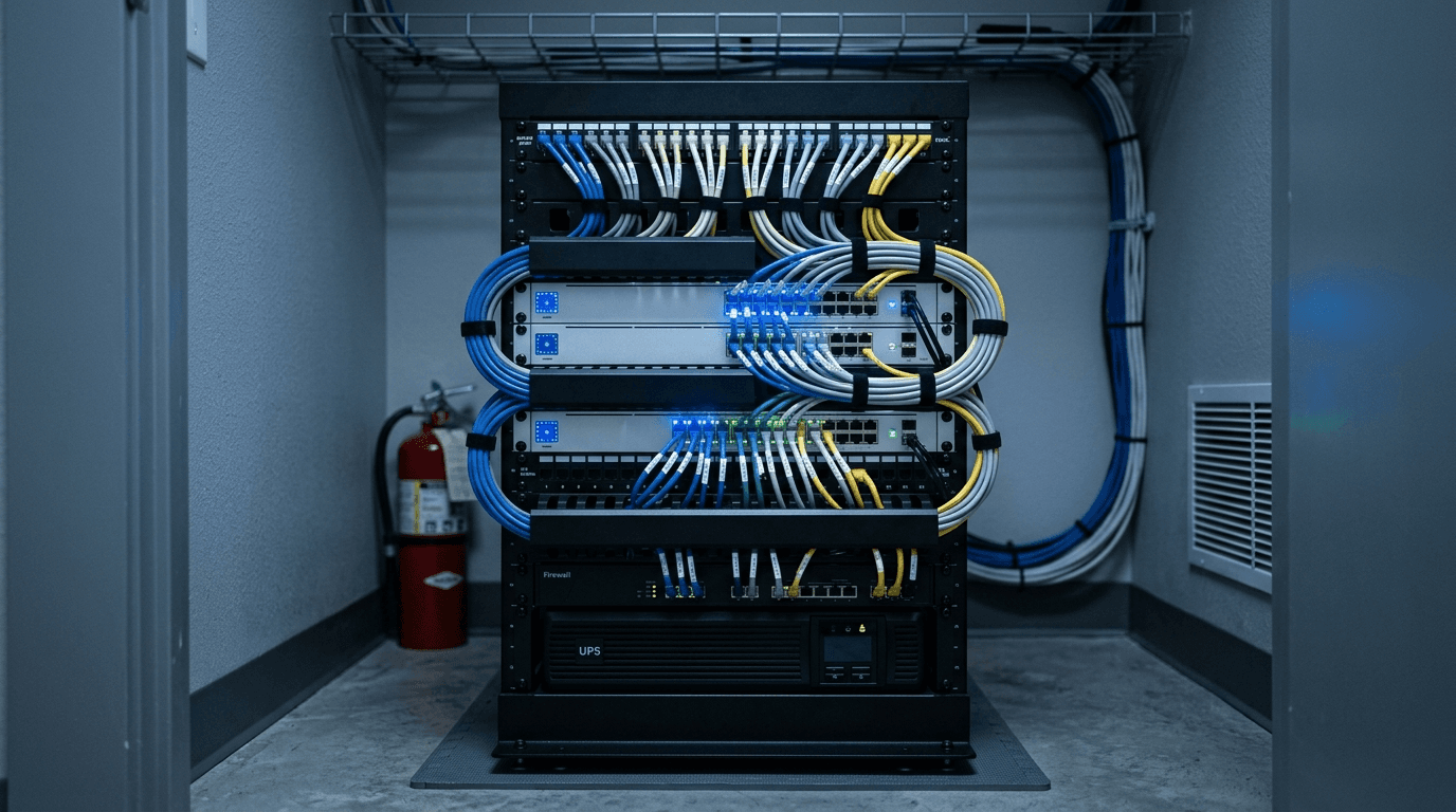 Small business network rack with neatly organized cabling, switches, firewall, and UPS for an SD-WAN multi-site setup