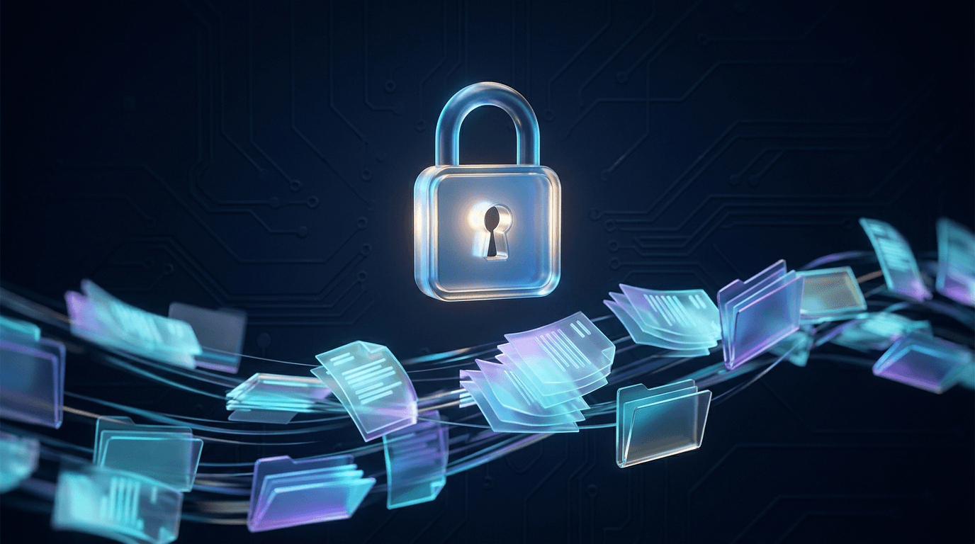 Glowing padlock above a flowing stream of digital files and folders representing data loss prevention