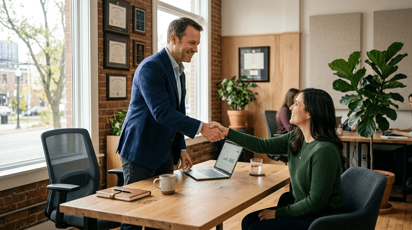 Independent insurance agent shaking hands with a client across a desk in a bright agency office