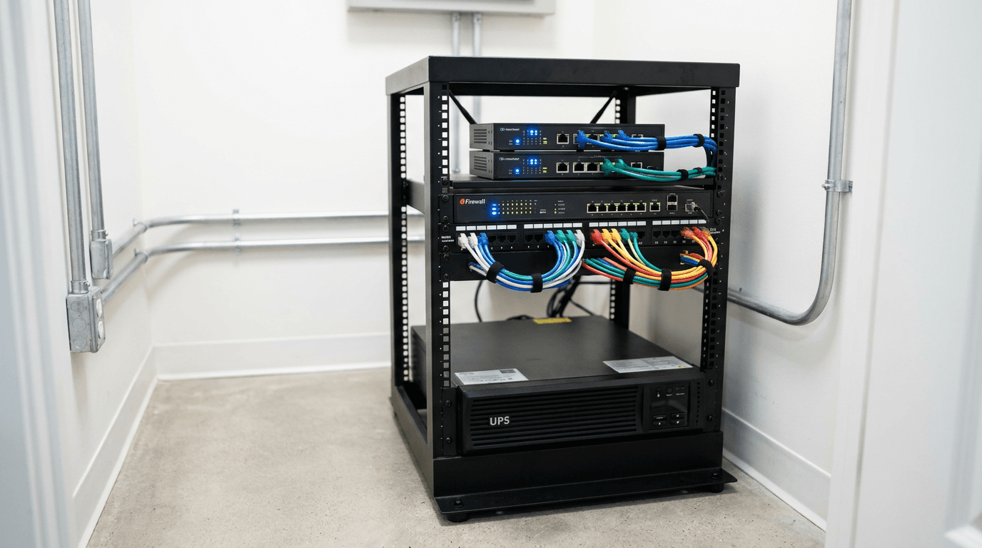 Small business network rack with two routers, a firewall, and a UPS battery backup for internet failover