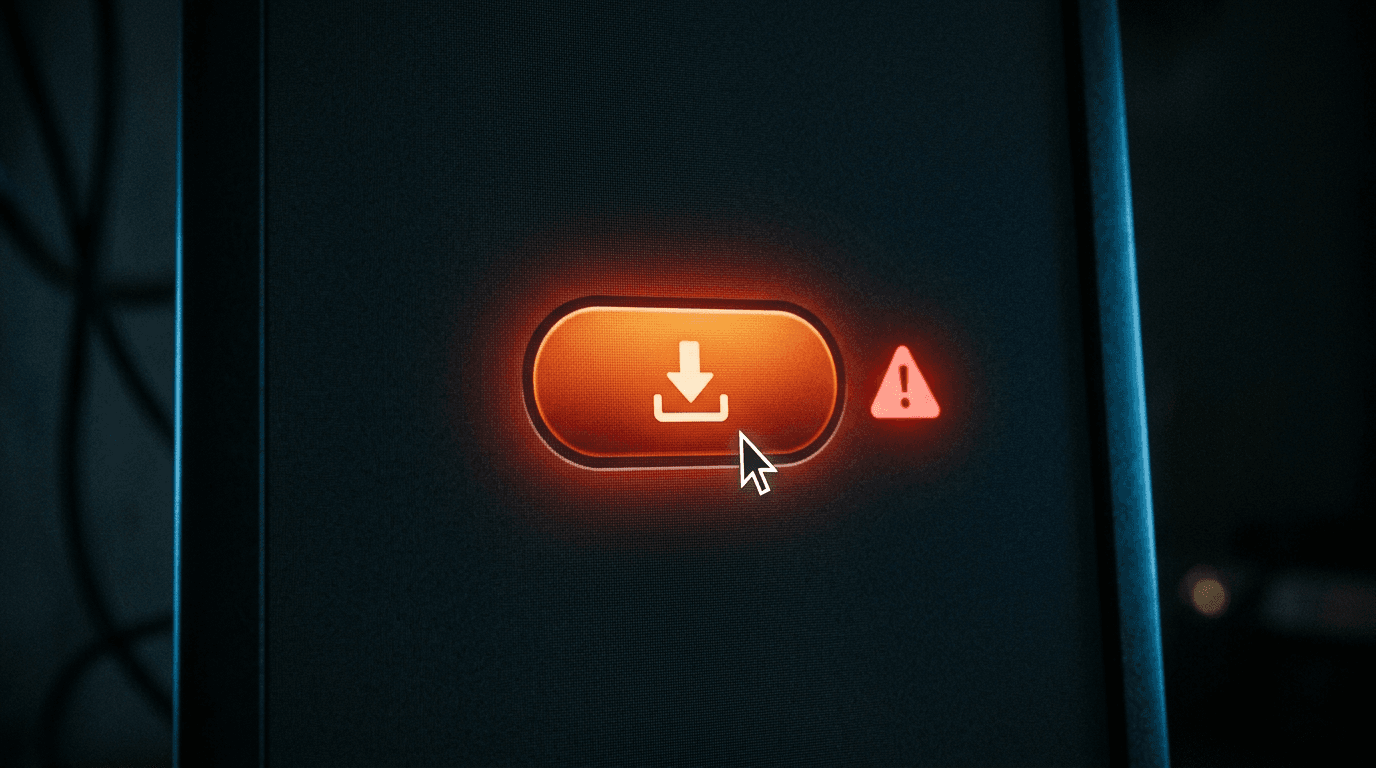 A glowing fake download button with a red warning triangle and a mouse cursor, illustrating malvertising malware