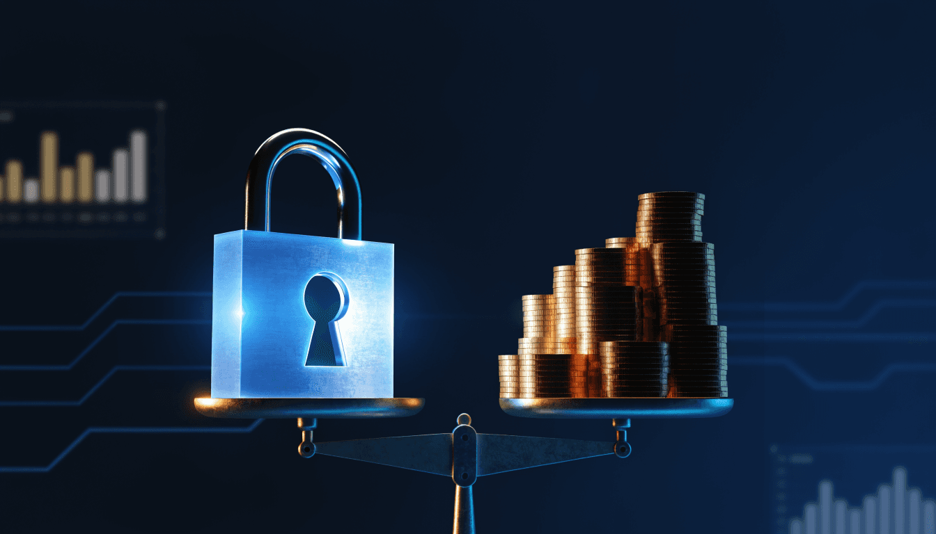 Small business owner reviewing per-user cybersecurity cost estimates on a laptop beside a shield icon, illustrating cybersecurity pricing for small businesses
