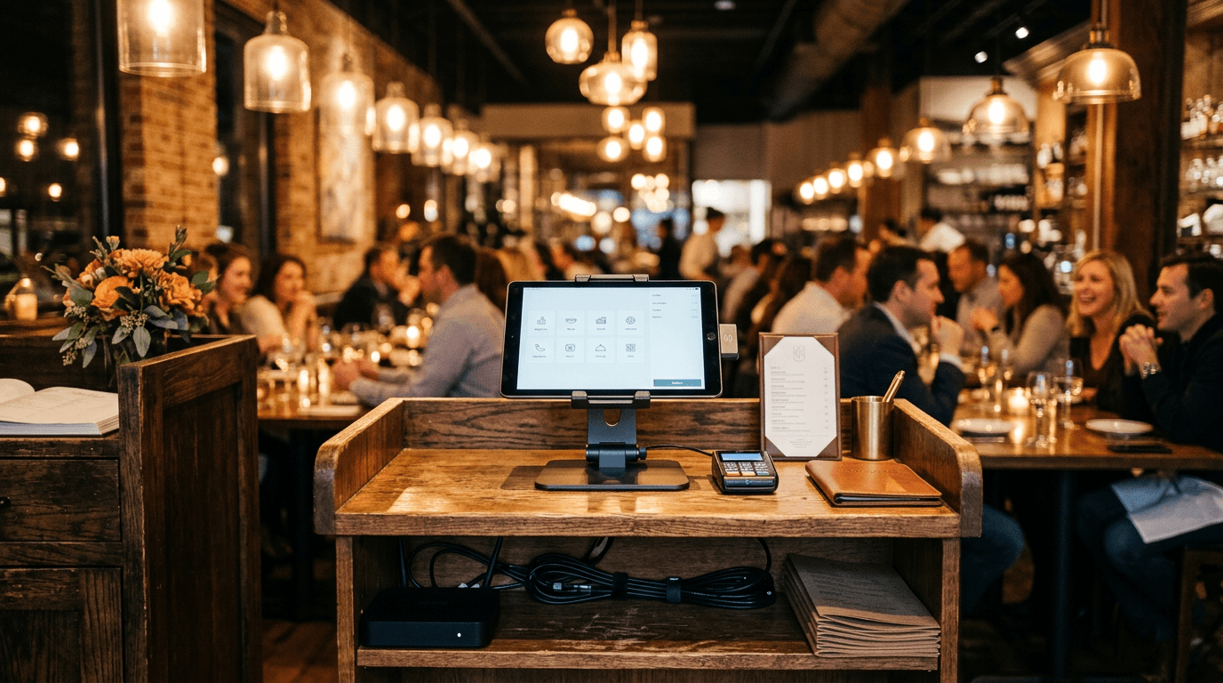Restaurant point-of-sale tablet and card reader on a wooden host stand in a busy warm-lit dining room, with network cabling and a router on the shelf below.