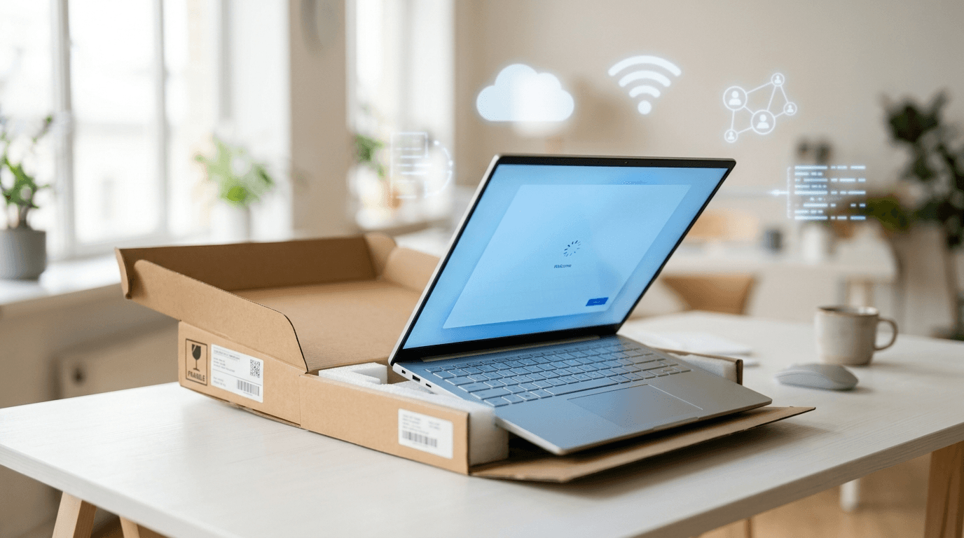 A new business laptop emerging from a shipping box on a desk, screen showing an automatic setup, with cloud, Wi-Fi, and network icons illustrating Windows Autopilot zero-touch deployment.