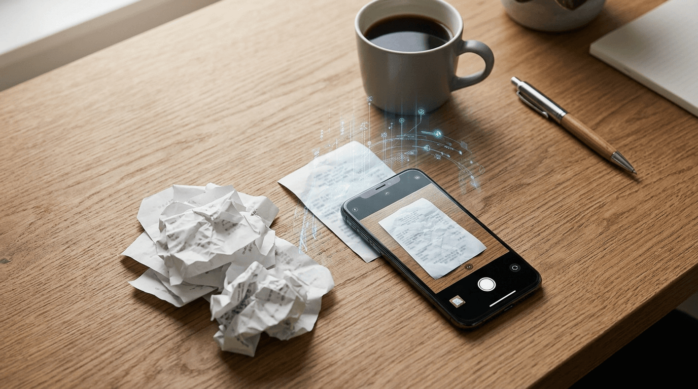Smartphone photographing a paper receipt on a wooden desk beside a pile of crumpled receipts, with glowing digital data lines representing AI expense capture.