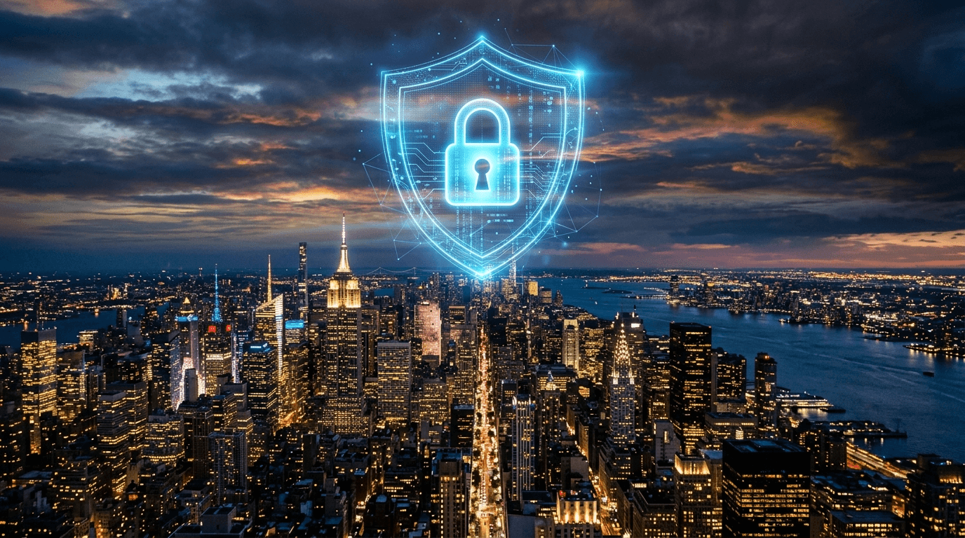 Glowing digital security shield with a padlock hovering over the Manhattan skyline at dusk, illustrating NY SHIELD Act data protection for New York businesses.