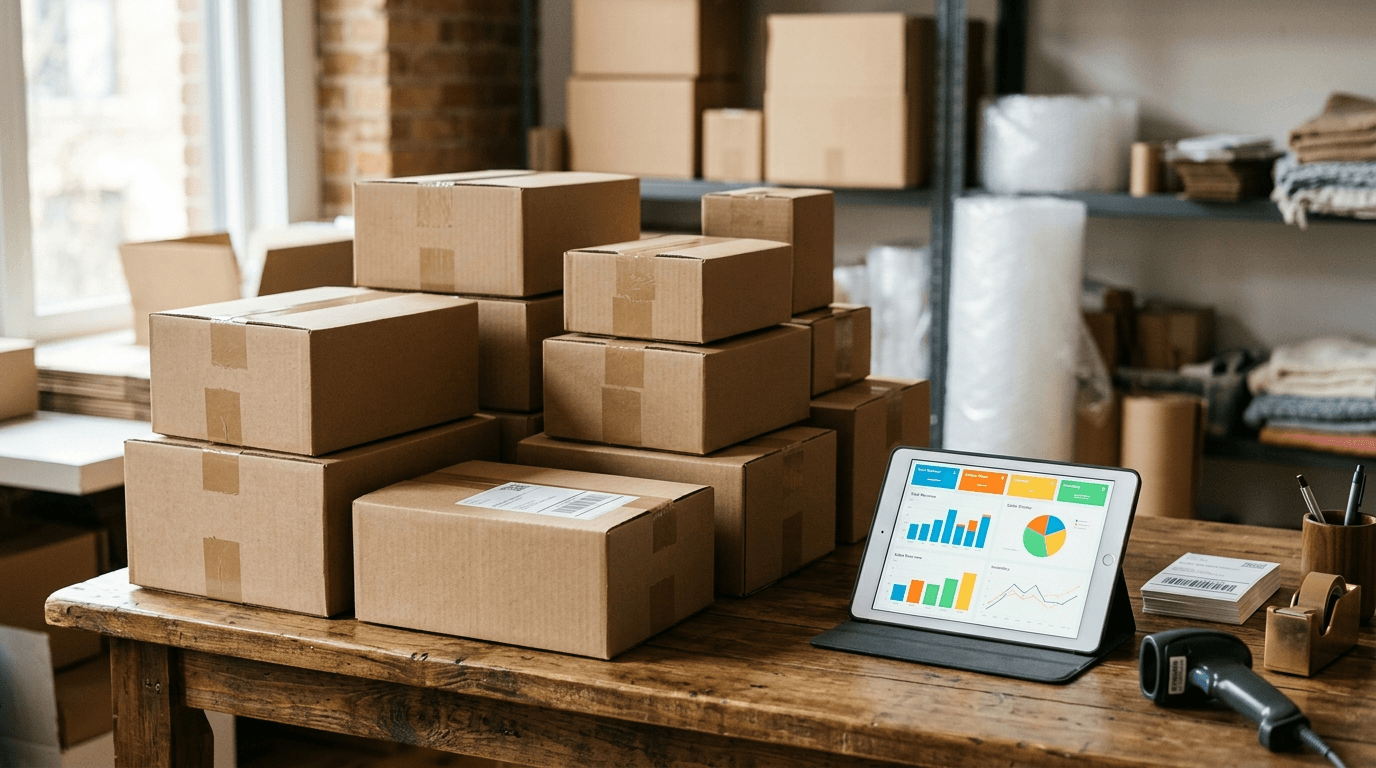 Stacked shipping boxes on a table beside a tablet showing a sales analytics dashboard in a small e-commerce fulfillment workspace