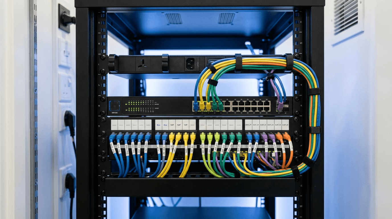 Small-business network switch and patch panel with neatly organized colored ethernet cables, illustrating segmented network zones