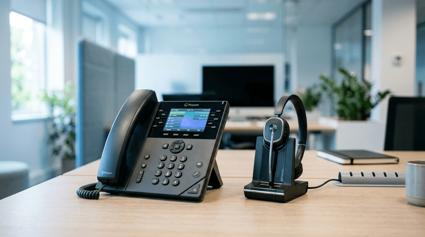 Modern office desk phone with an illuminated screen next to a wireless headset, representing a Microsoft Teams Phone setup for a small business
