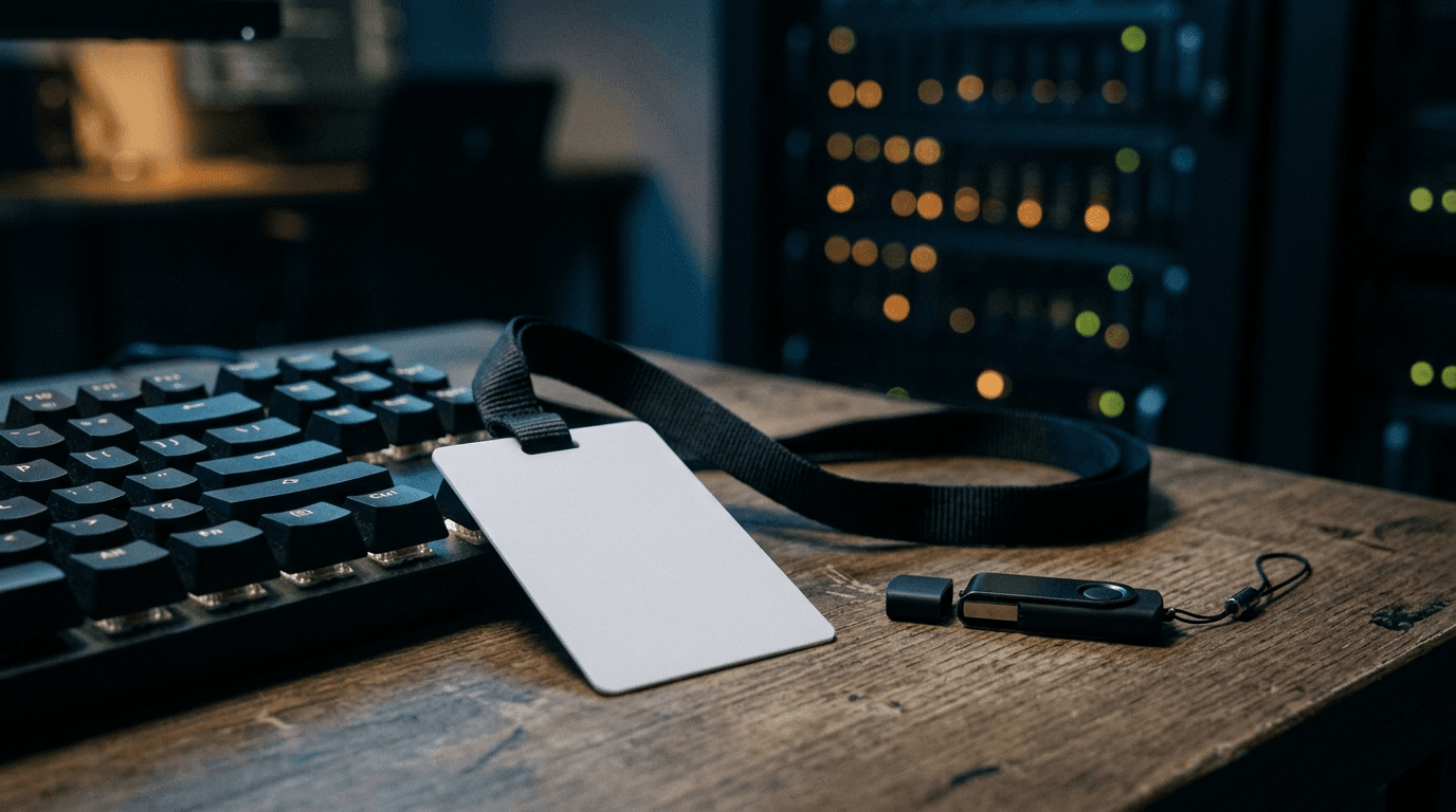 An employee ID access badge on a lanyard and a USB flash drive resting on a desk beside a keyboard, with a server rack glowing in the background