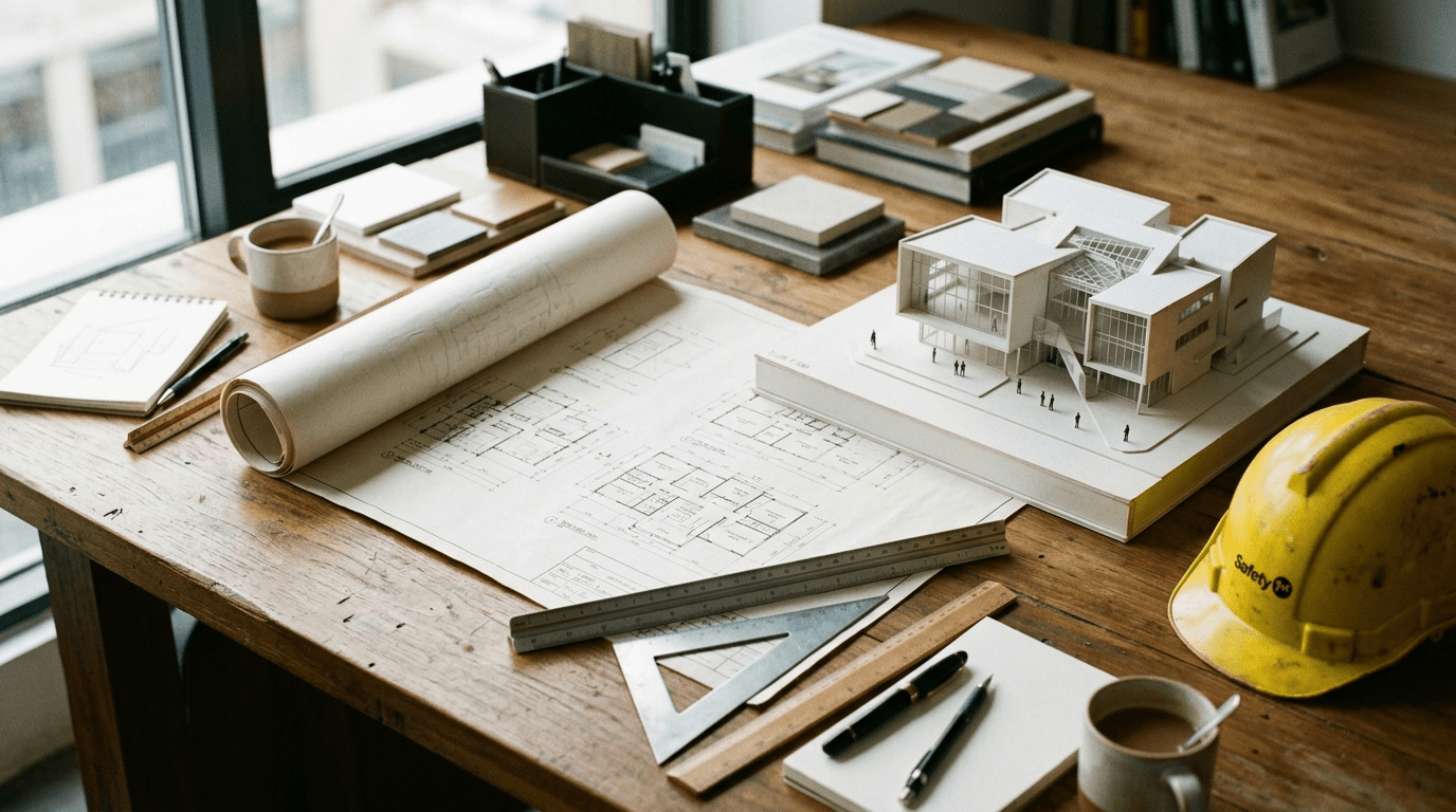 An architect's desk with unrolled blueprint drawings, a white physical scale model of a building, a drafting triangle and scale ruler, and a yellow hard hat