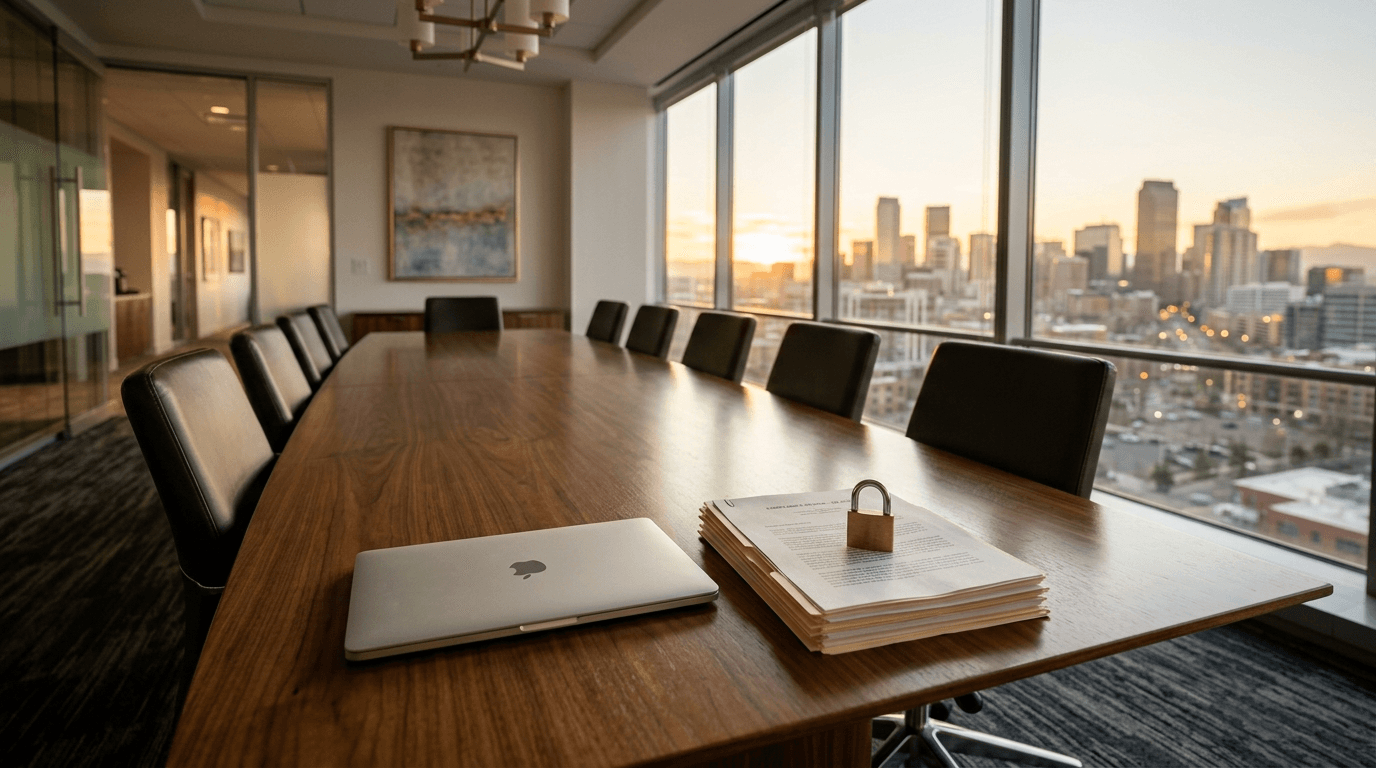 Empty modern investment advisory boardroom at sunset with a closed laptop and a brass padlock resting on a stack of compliance documents, city skyline beyond the windows