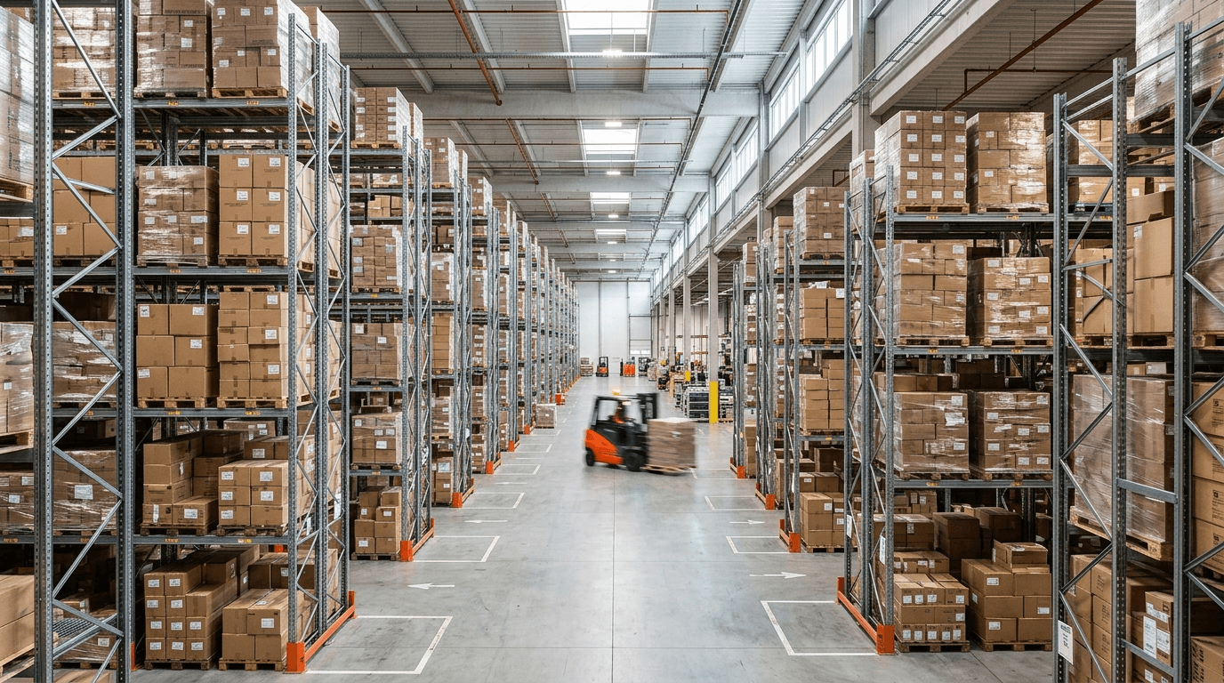 Bright, organized wholesale distribution warehouse with tall pallet racking full of shipping cartons and a forklift moving down a wide center aisle