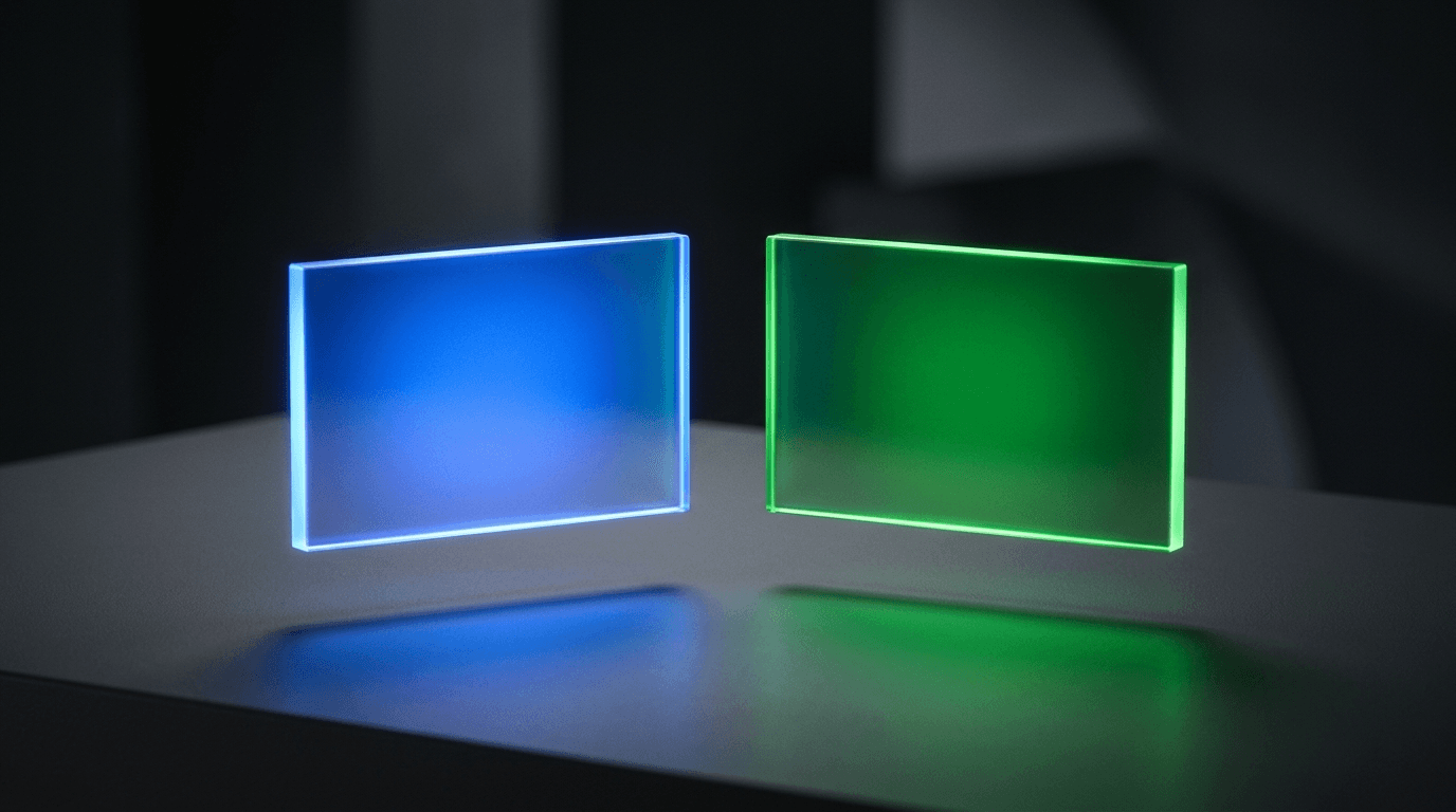 Two glowing panels of light, one blue and one green, facing off on a dark desk, representing ChatGPT and Microsoft Copilot compared for small business.