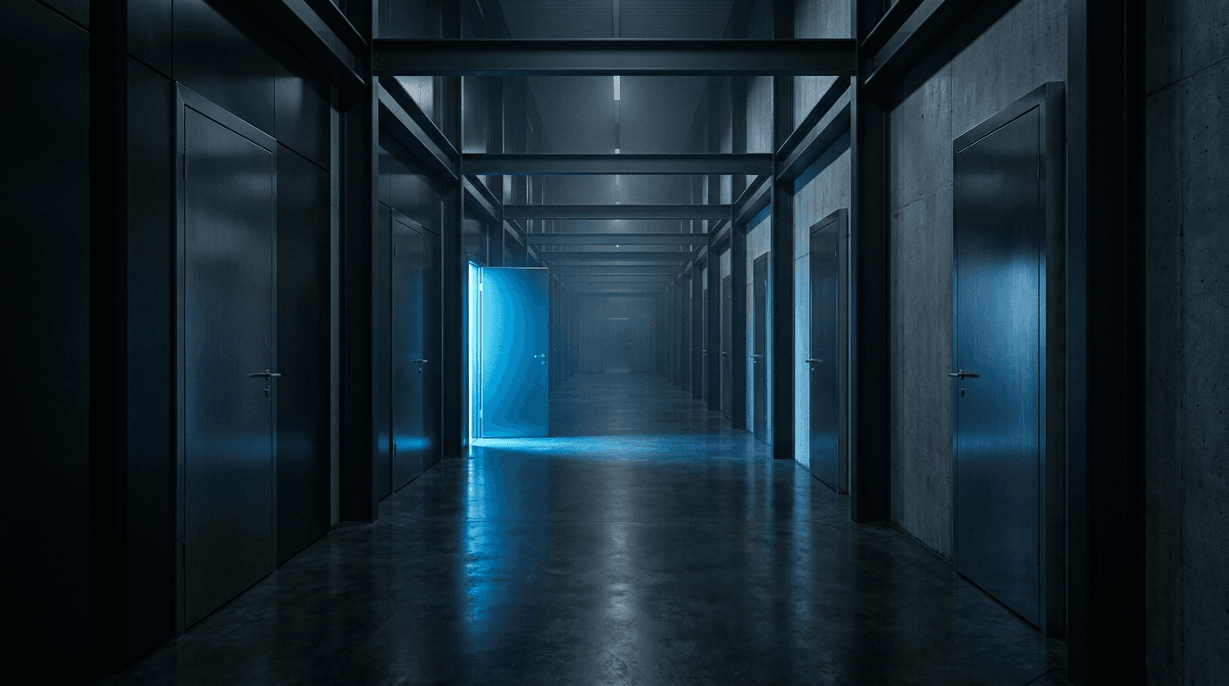 A dark corridor of closed doors with a single door glowing blue and open, illustrating ZTNA per-application access versus a VPN's open network access.