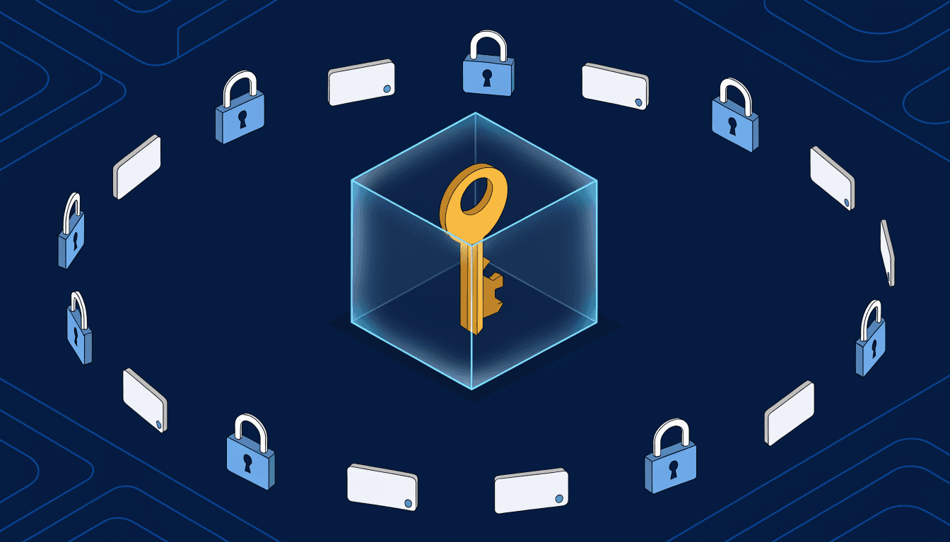 A golden admin key sealed inside a glass vault cube ringed by padlocks and credential cards, illustrating privileged access management